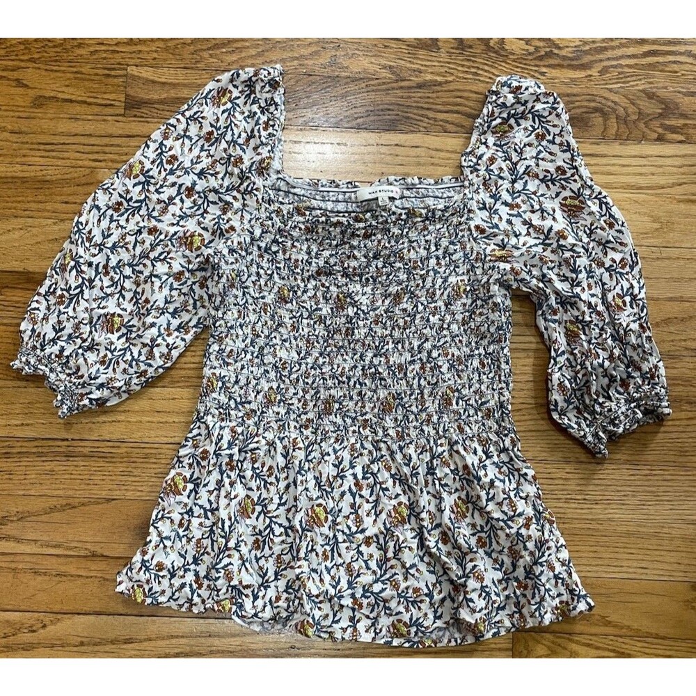 Max Studio Women’s Sz L Floral Ruffle Smoc Peasant Top Square Neck Puffy Sleeve